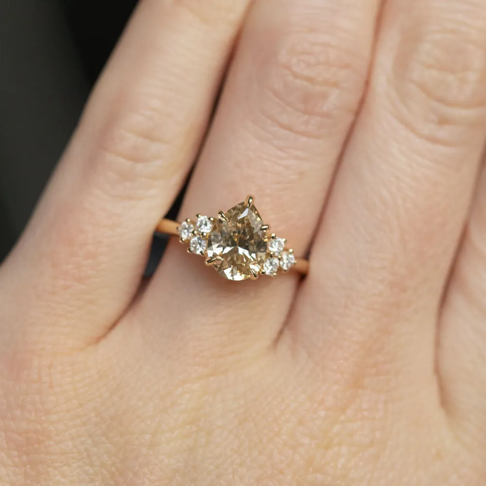 1.49ct Pear Champagne Diamond and White Diamond Cluster ring in 14k Yellow Gold