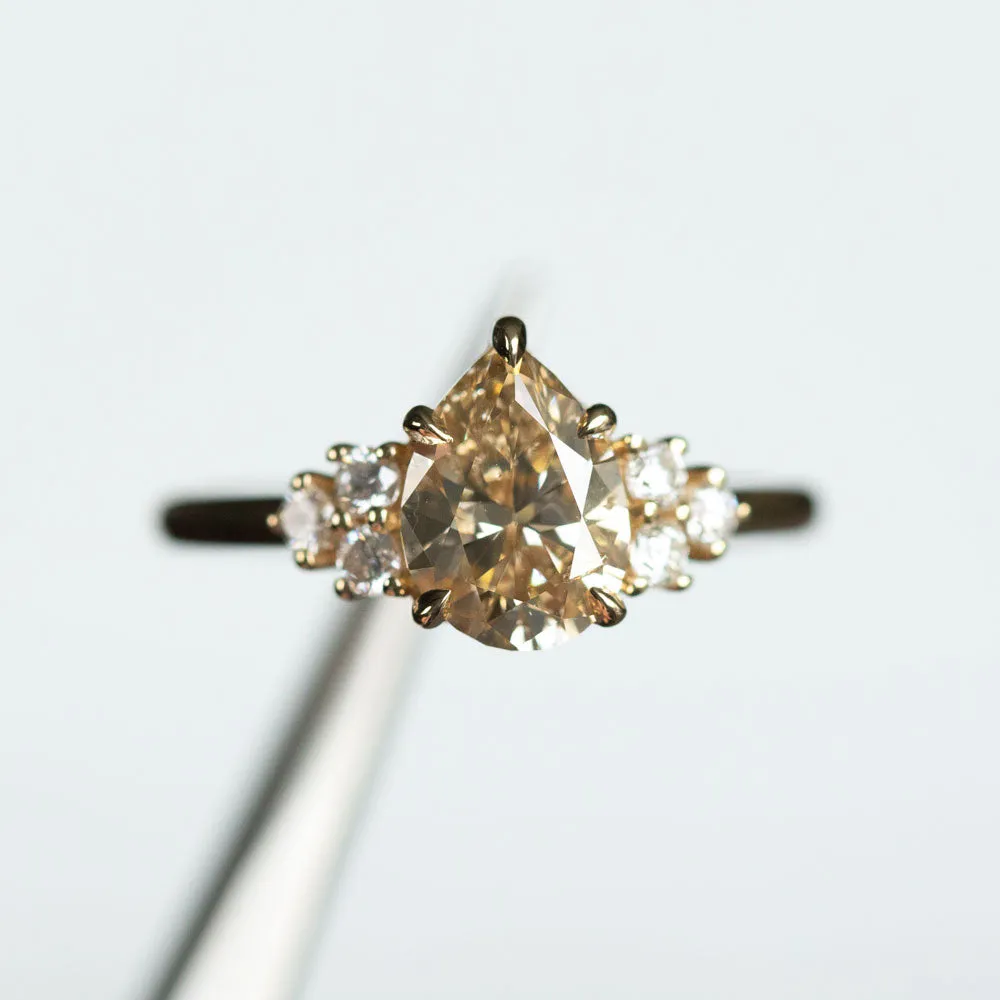 1.49ct Pear Champagne Diamond and White Diamond Cluster ring in 14k Yellow Gold