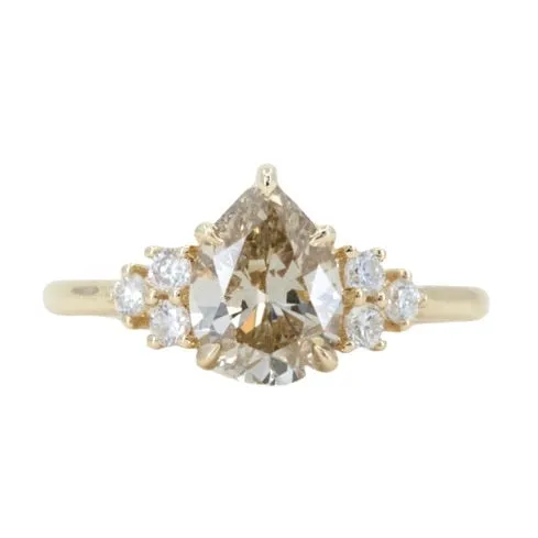 1.49ct Pear Champagne Diamond and White Diamond Cluster ring in 14k Yellow Gold