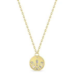 14k Diamond Mosaic Brushed Gold Disc Necklace