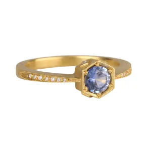 22K Gold Hexagonal Bezel-Set Blue Sapphire Ring with Diamonds