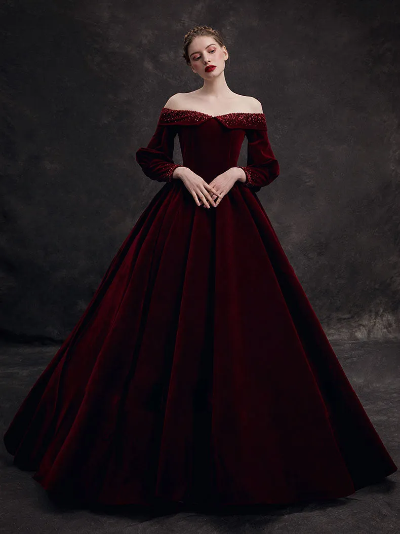 A-Line Long Sleeves Velvet Burgundy Long Prom Dress, Burgundy Long Formal Dress