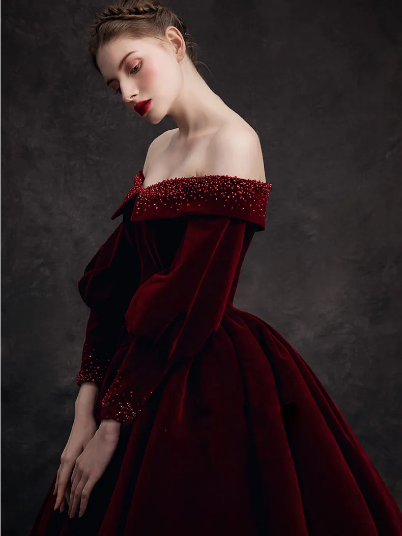 A-Line Long Sleeves Velvet Burgundy Long Prom Dress, Burgundy Long Formal Dress