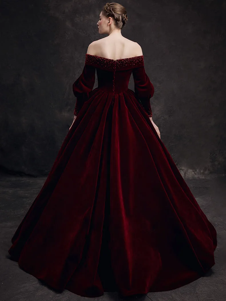 A-Line Long Sleeves Velvet Burgundy Long Prom Dress, Burgundy Long Formal Dress