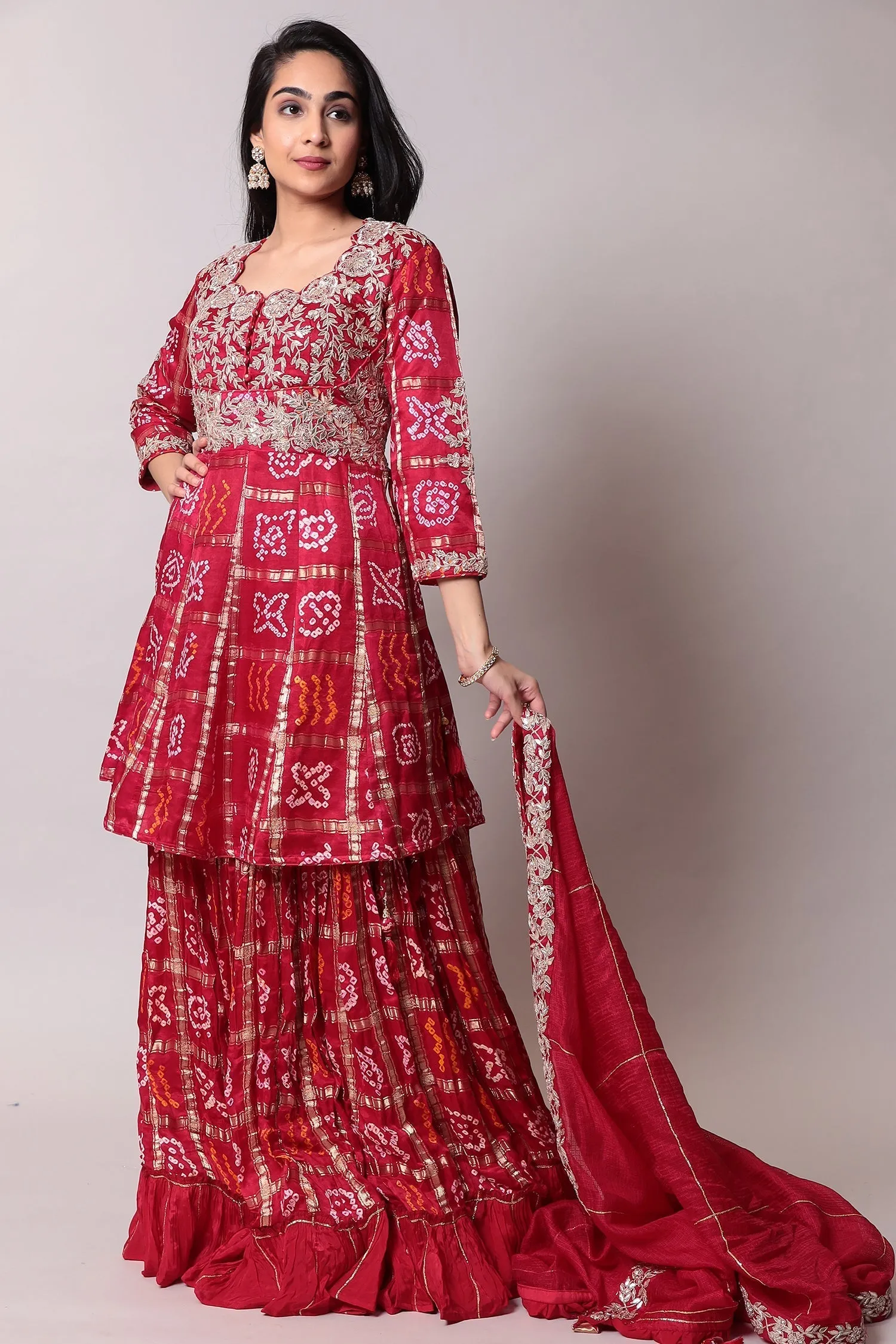 Bandhej Silk Suit with Gota Patti, Ghatchola work.