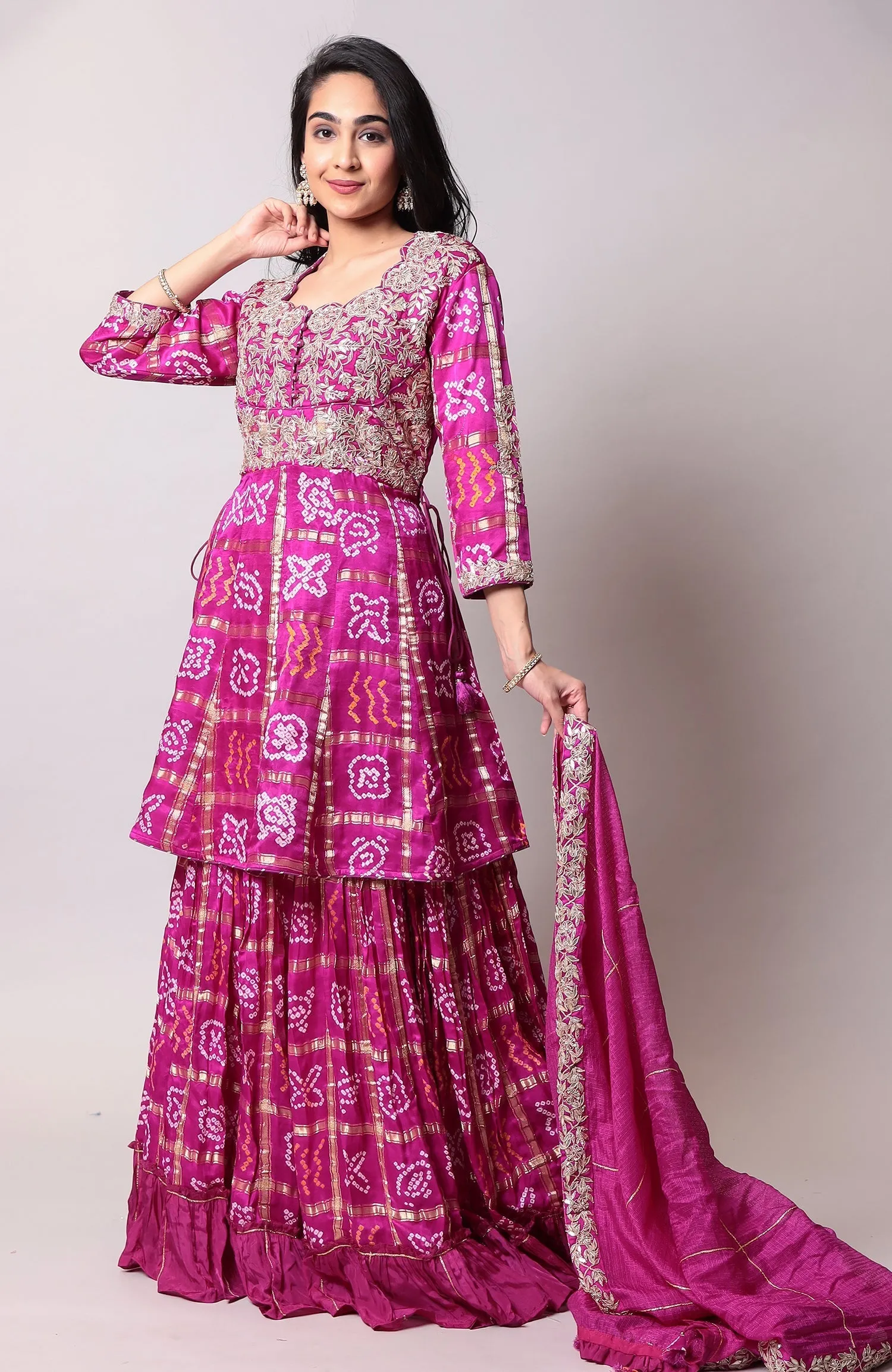 Bandhej Silk Suit with Gota Patti, Ghatchola work.