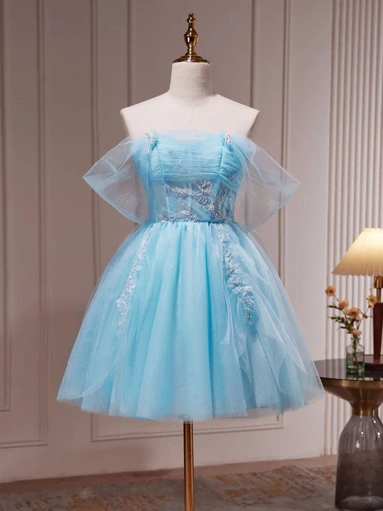 Blue A-line Tulle Short Prom Dress, Blue Homecoming Dress