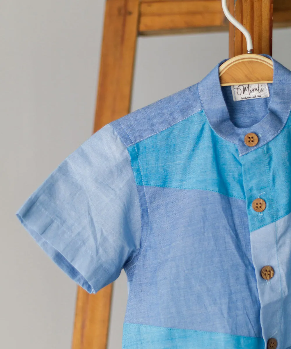 Blue handwoven cotton colorblock half sleeve shirt