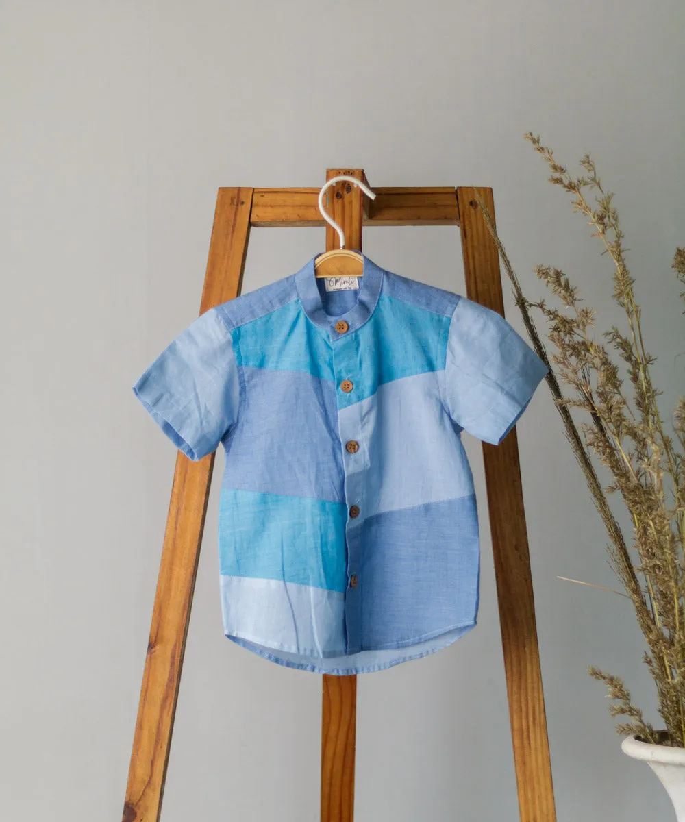 Blue handwoven cotton colorblock half sleeve shirt