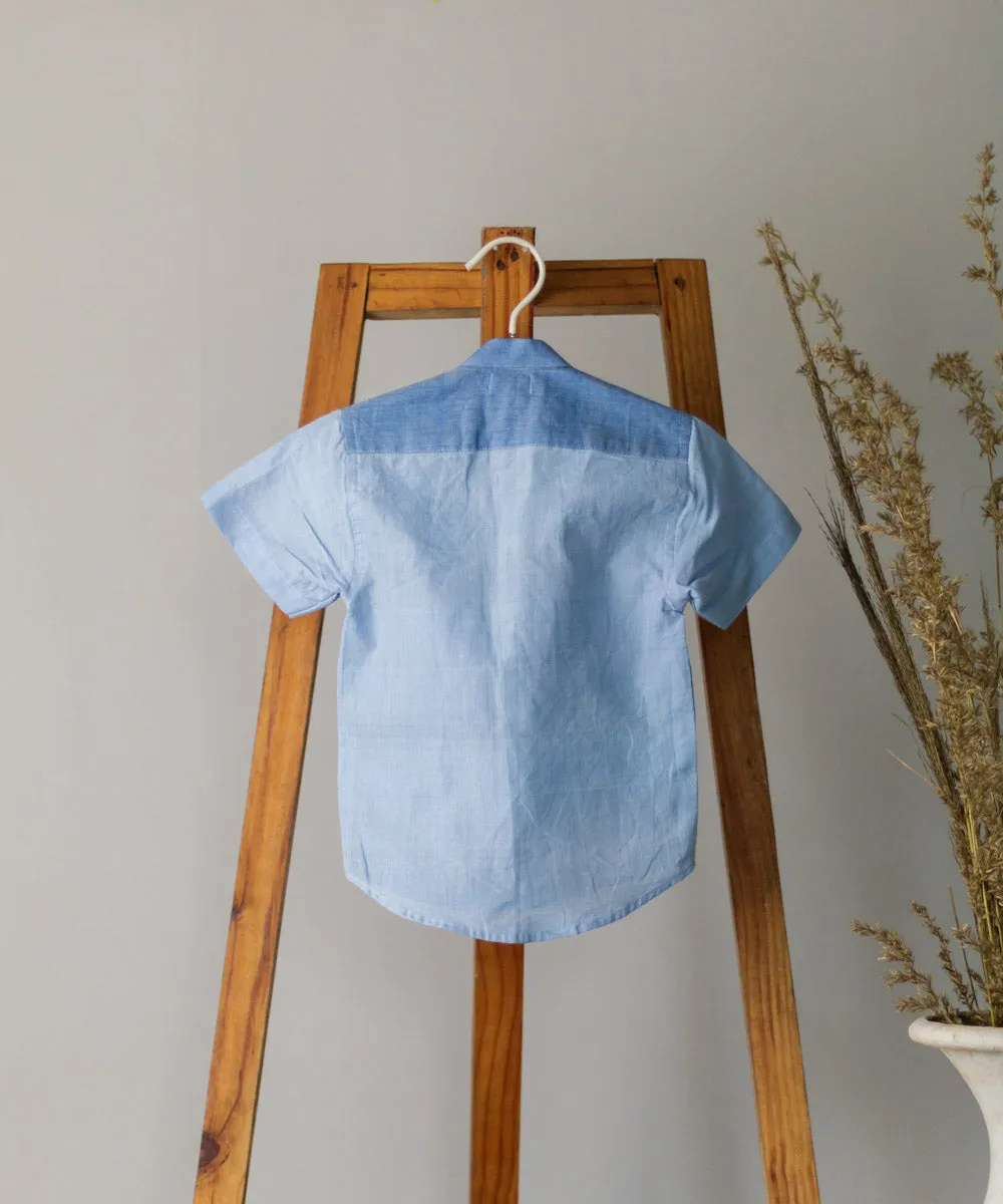 Blue handwoven cotton colorblock half sleeve shirt