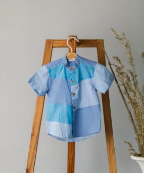 Blue handwoven cotton colorblock half sleeve shirt