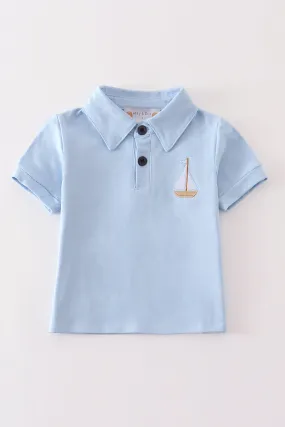 Blue sailboat embroidery boy shirt