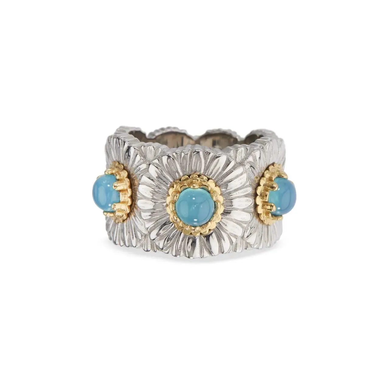 Buccellati - Blossoms Daisy - Band Ring, Sterling Silver with Gold Accents and Blue Agate