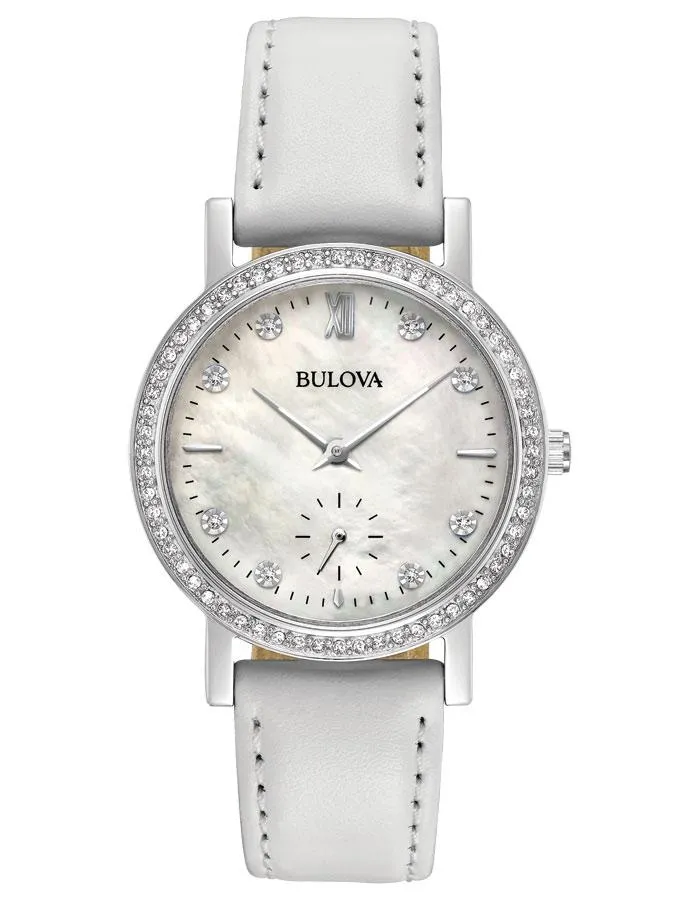 Bulova Womens Crystal Watch - Swarovski - MOP Dial - White Leather Strap