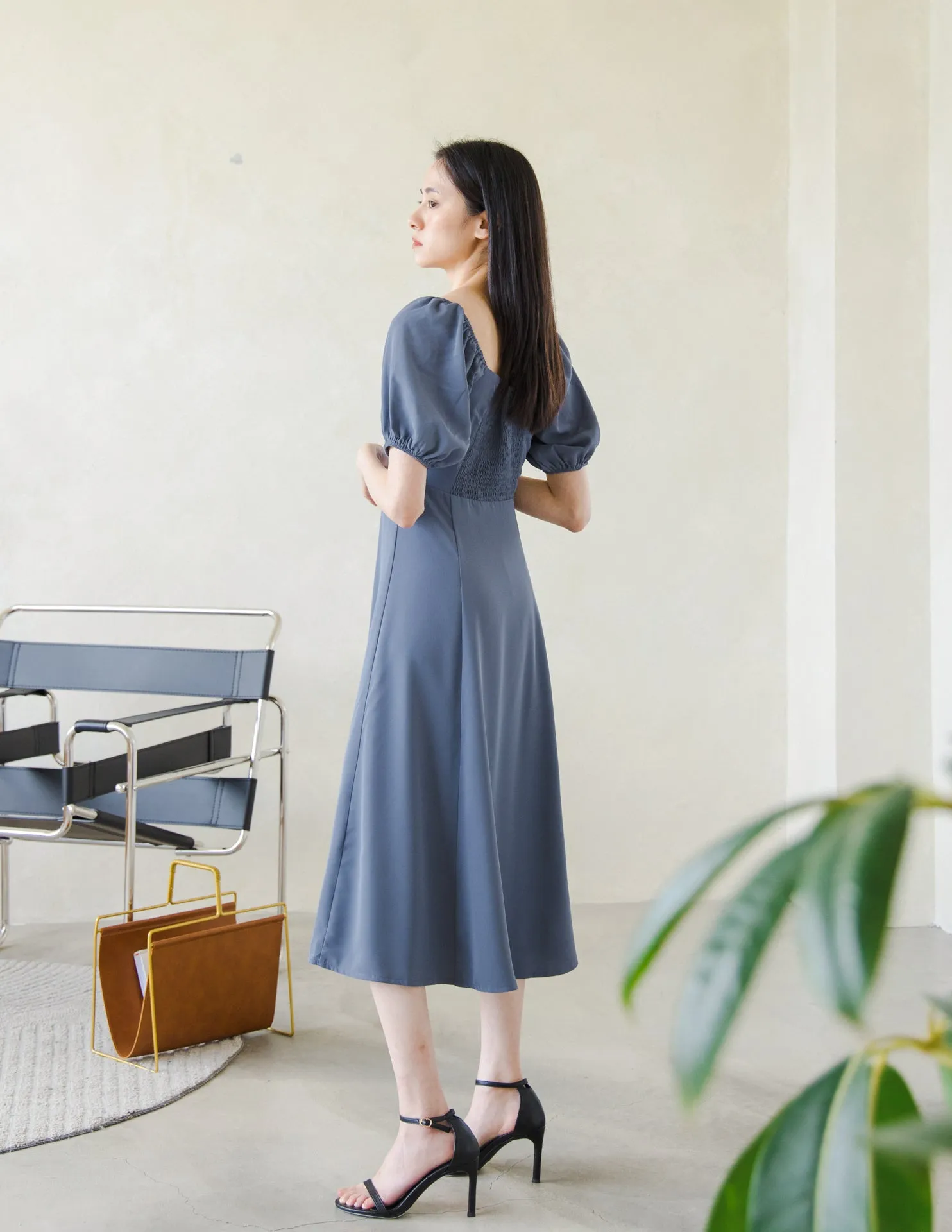 Camille Midi Dress in Steel Blue