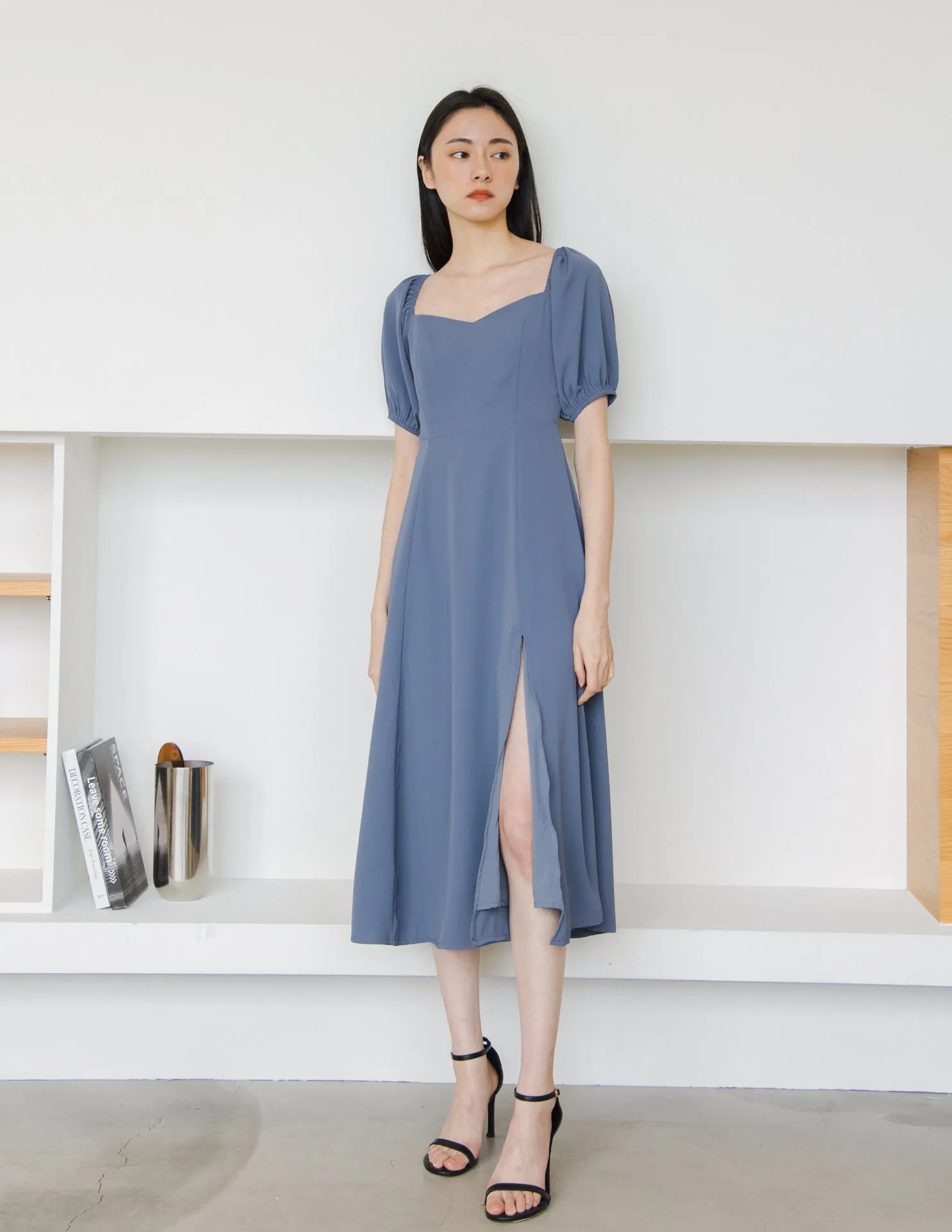 Camille Midi Dress in Steel Blue