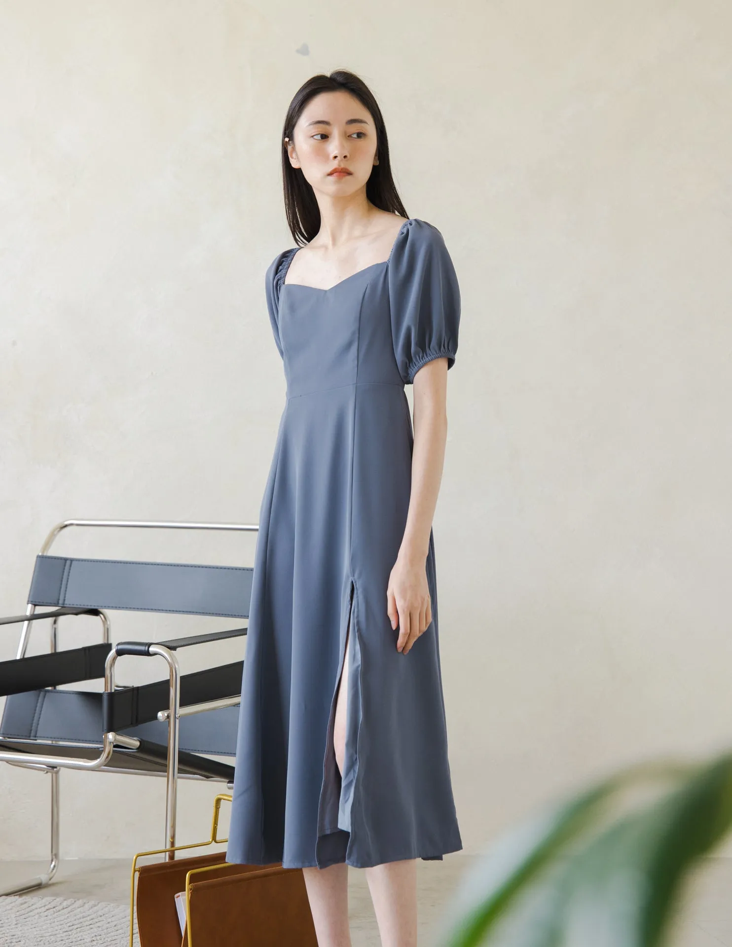 Camille Midi Dress in Steel Blue