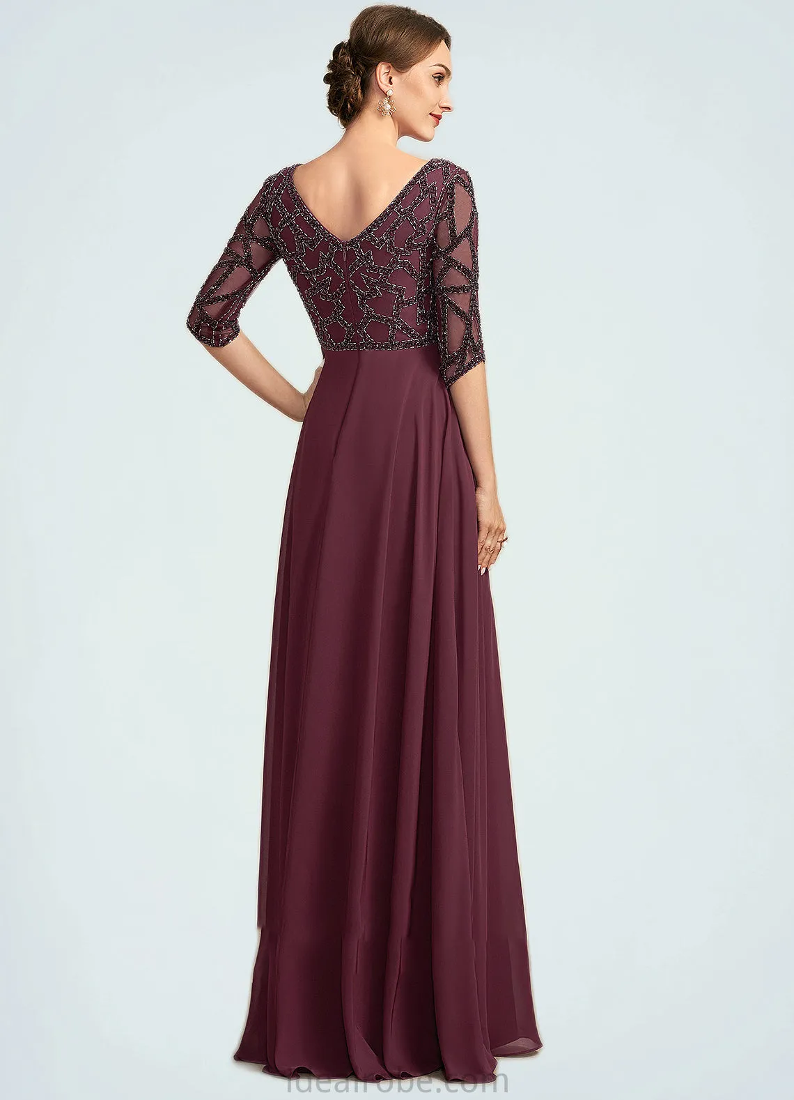 Chana Empire V-neck Floor-Length Chiffon Mother of the Bride Dress With Beading STK126P0014906