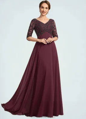 Chana Empire V-neck Floor-Length Chiffon Mother of the Bride Dress With Beading STK126P0014906