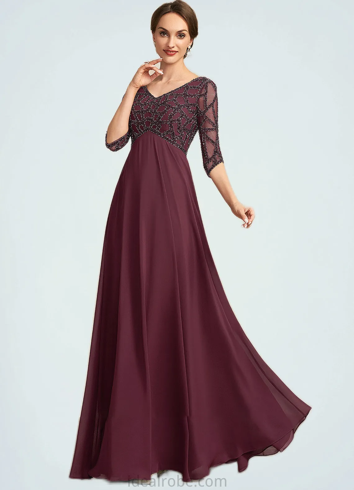 Chana Empire V-neck Floor-Length Chiffon Mother of the Bride Dress With Beading STK126P0014906