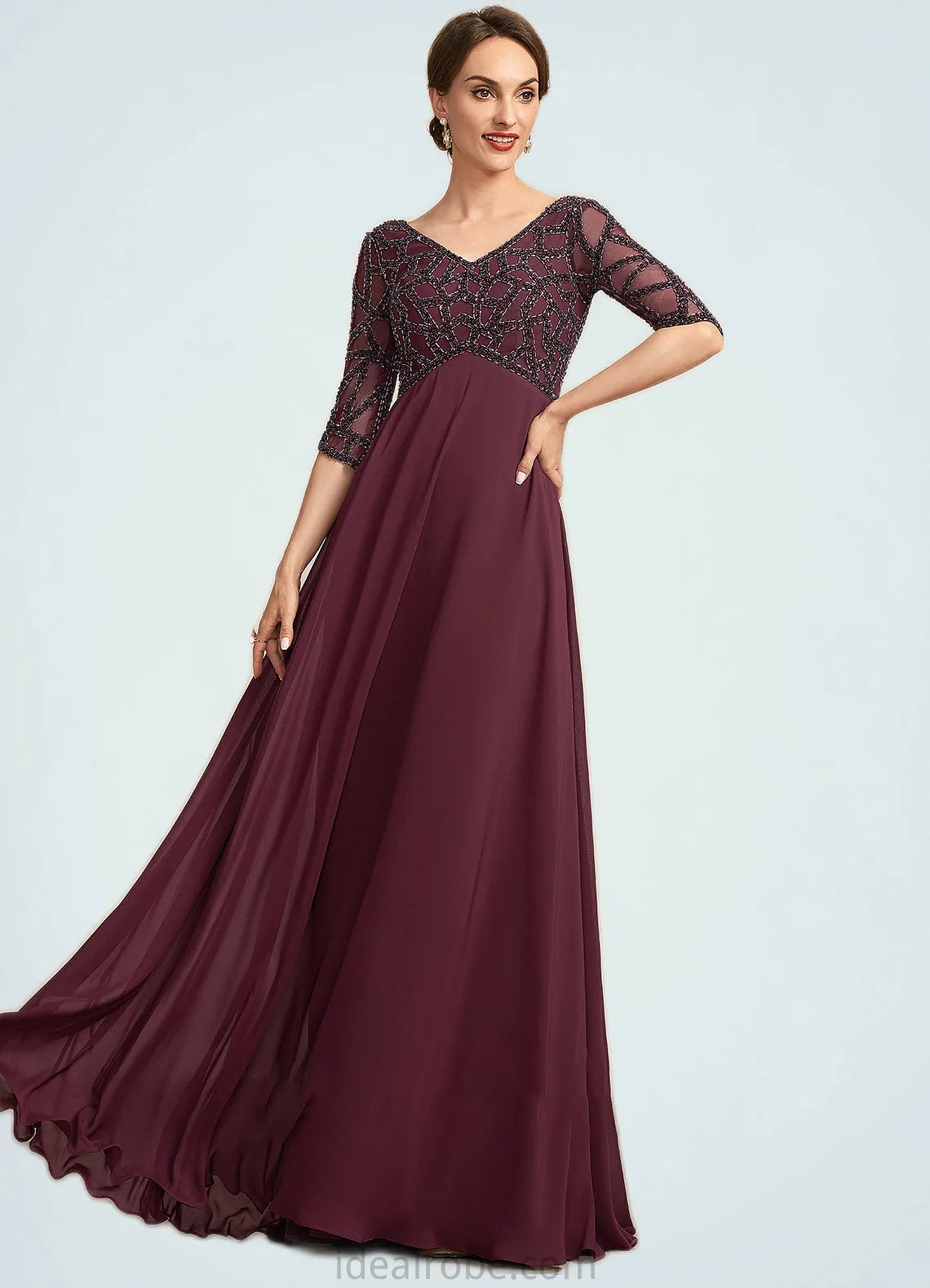 Chana Empire V-neck Floor-Length Chiffon Mother of the Bride Dress With Beading STK126P0014906