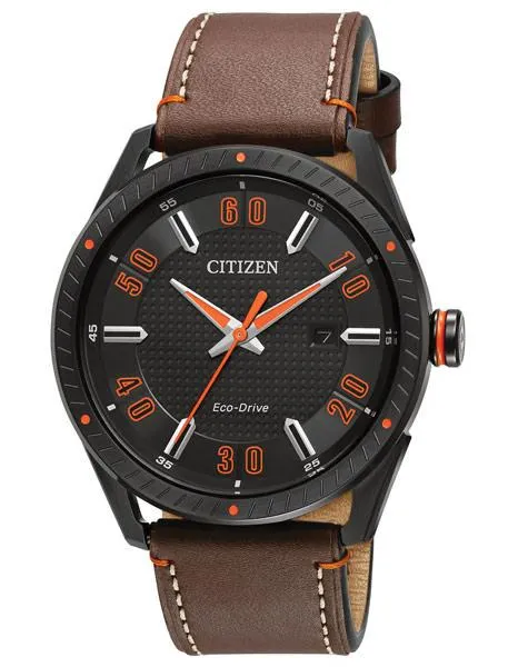 Citizen Mens DRIVE CTO - Black Case - Orange Accents - Brown Strap - Date