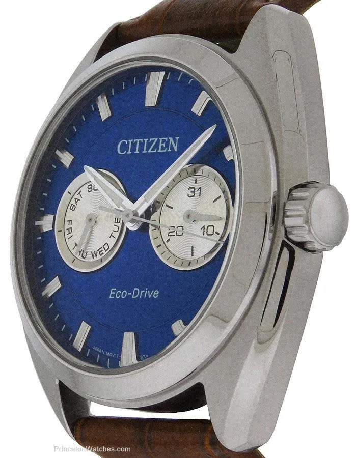 Citizen Mens Eco-Drive Watch - Brown Strap - Stainless - Blue Dial - Day/Date