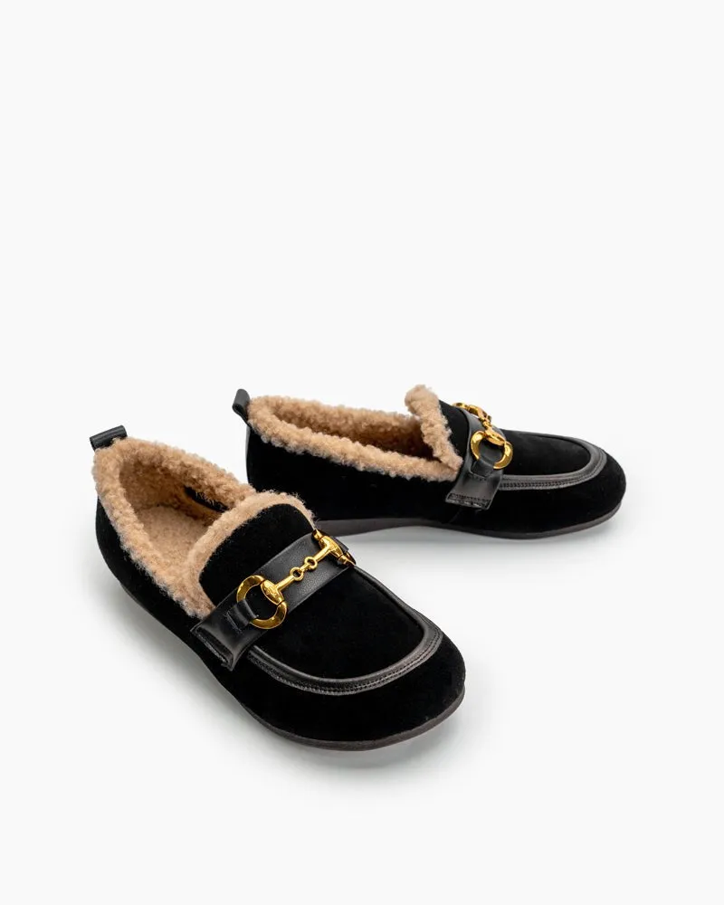 Classic Metal Buckle Suede Moccasin Indoor Outdoor Slipper Loafers