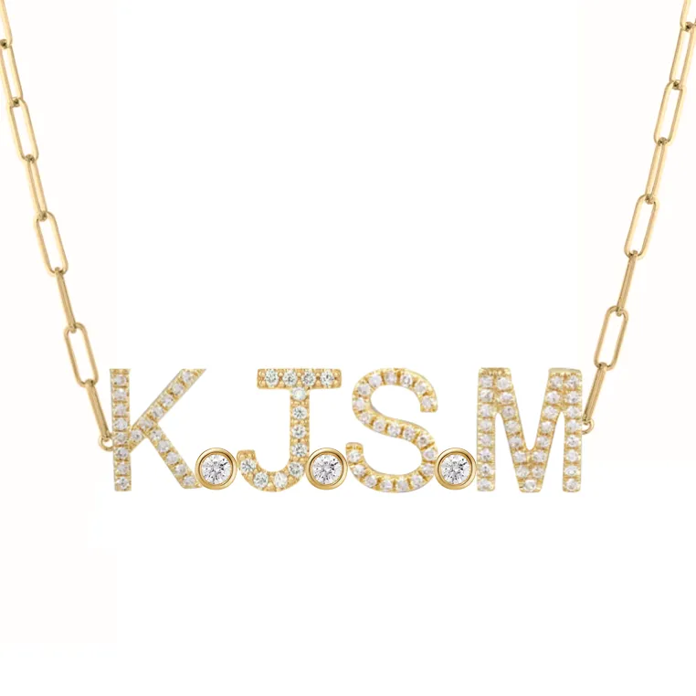 Custom Diamond Initials and Bezels Paper Clip Necklace