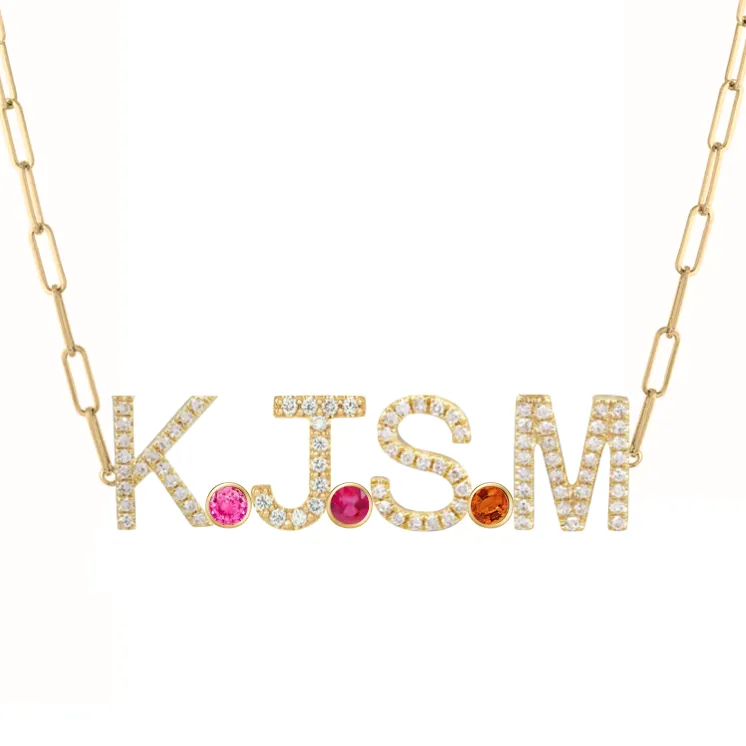 Custom Diamond Initials and Bezels Paper Clip Necklace