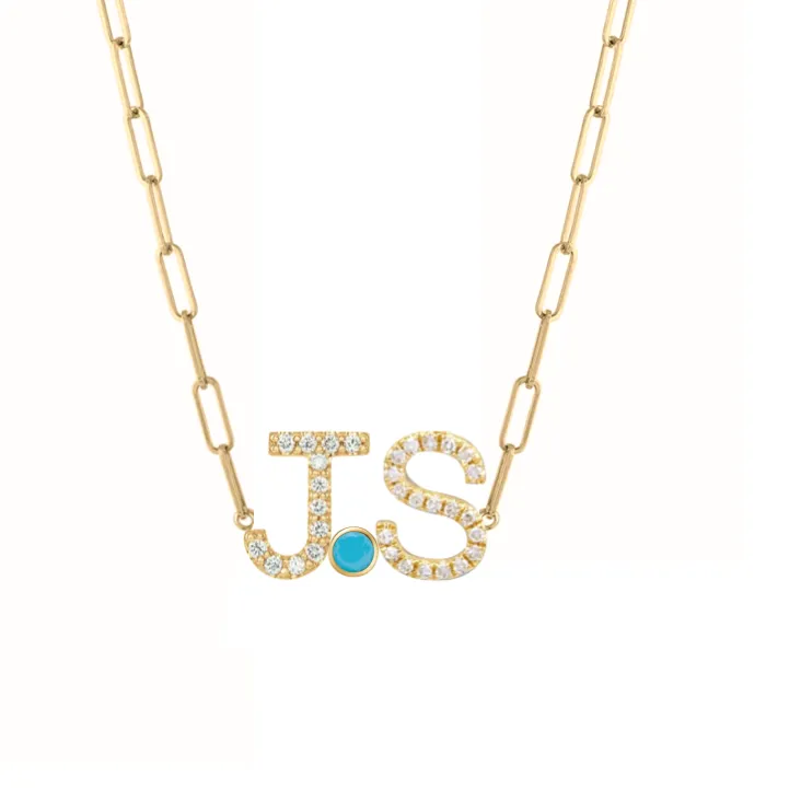 Custom Diamond Initials and Bezels Paper Clip Necklace