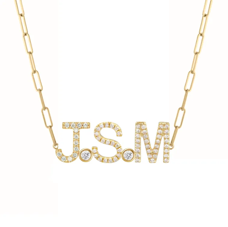 Custom Diamond Initials and Bezels Paper Clip Necklace