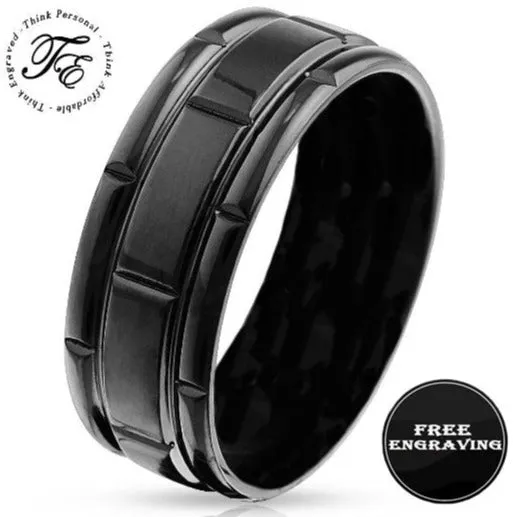 Custom Engraved Men's Black Promise Ring - Black Square Grooves Stainless Steel