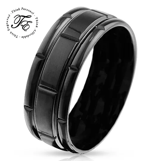 Custom Engraved Men's Black Promise Ring - Black Square Grooves Stainless Steel