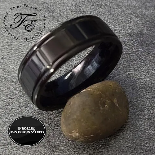 Custom Engraved Men's Black Promise Ring - Black Square Grooves Stainless Steel