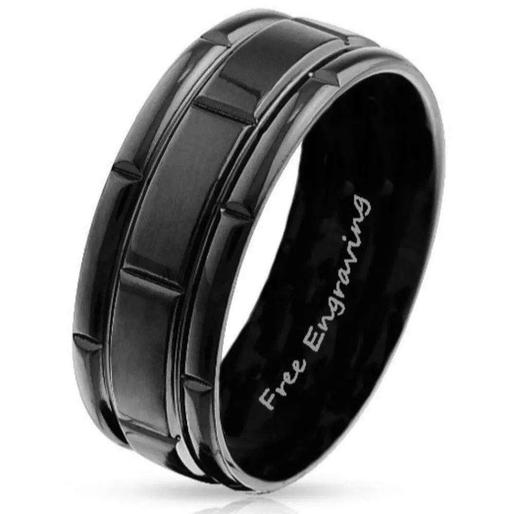 Custom Engraved Men's Black Promise Ring - Black Square Grooves Stainless Steel