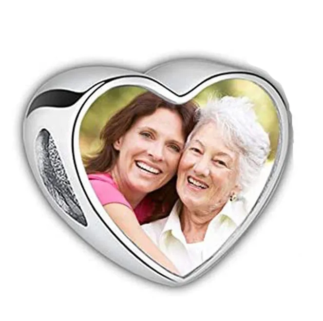 Custom Photo Heart Charm - Mom Photo Charm with Jewel Mom Bead