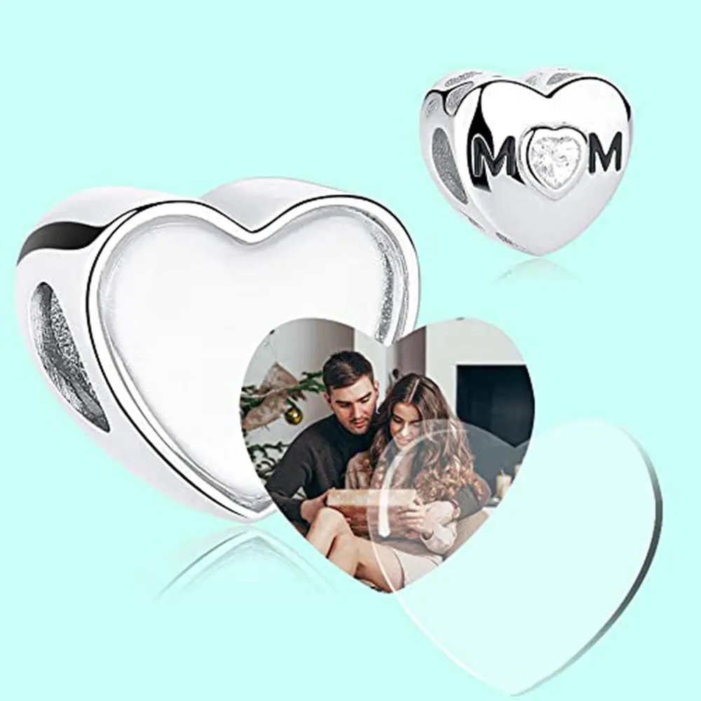 Custom Photo Heart Charm - Mom Photo Charm with Jewel Mom Bead