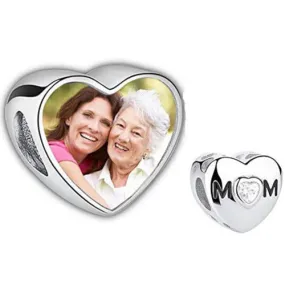 Custom Photo Heart Charm - Mom Photo Charm with Jewel Mom Bead