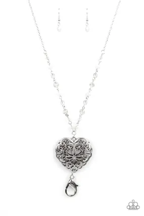 Doting Devotion White and Silver Filigree Heart Lanyard Necklace - Paparazzi Accessories