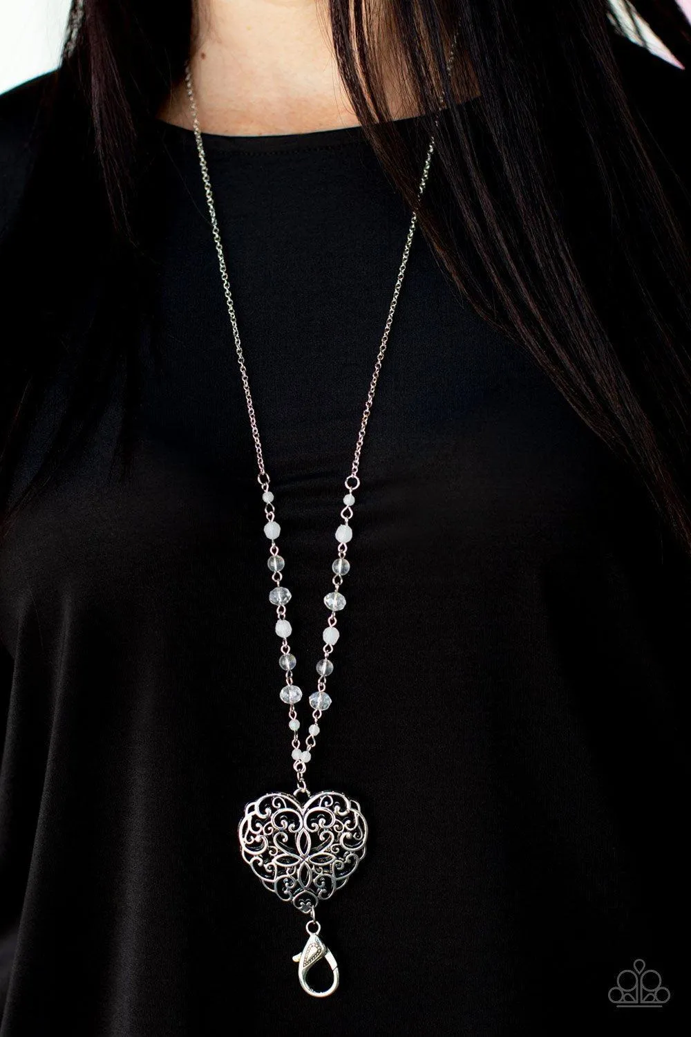 Doting Devotion White and Silver Filigree Heart Lanyard Necklace - Paparazzi Accessories