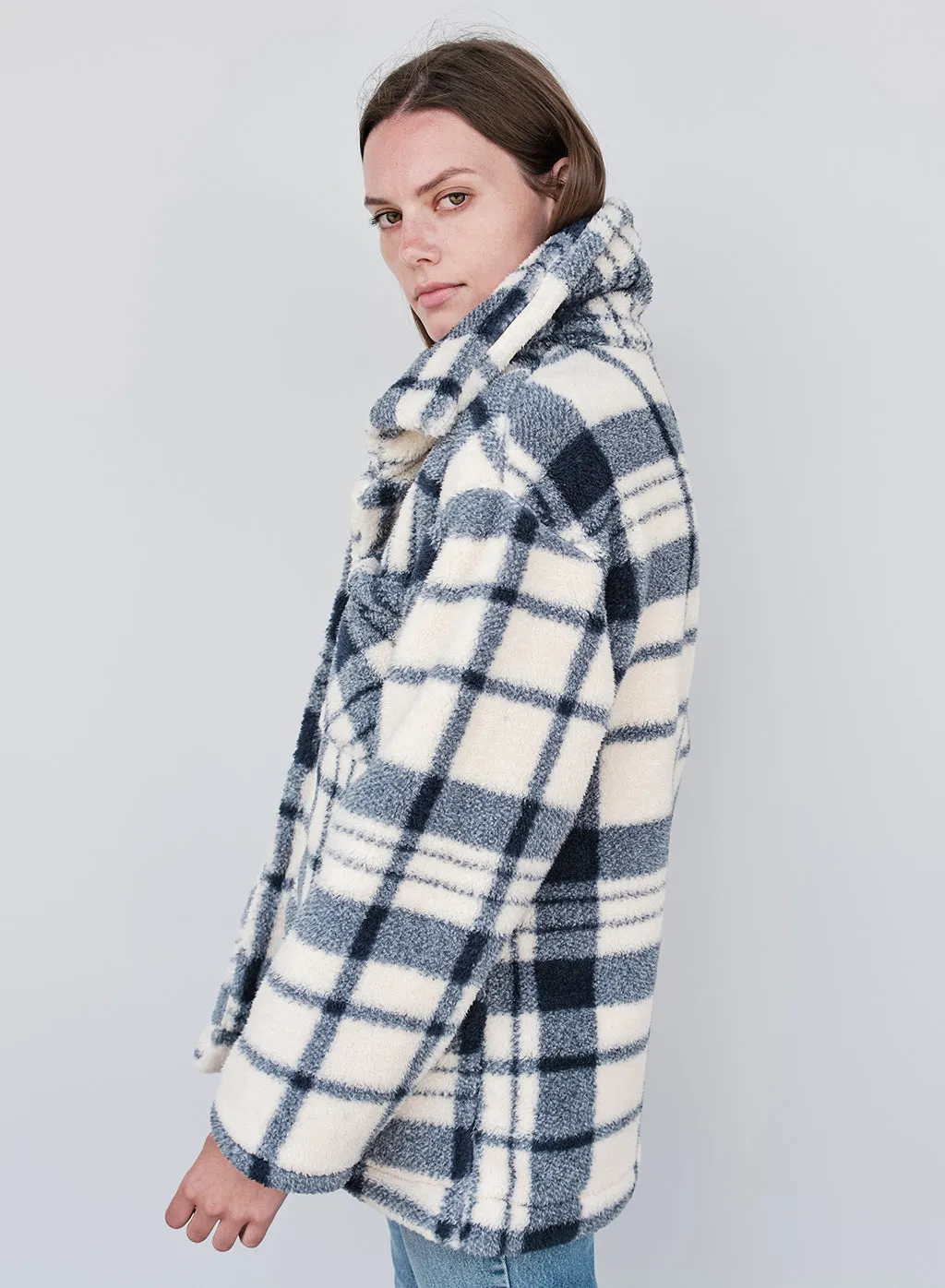 Double Faced Sherpa Jacket in Navy/Cream Plaid