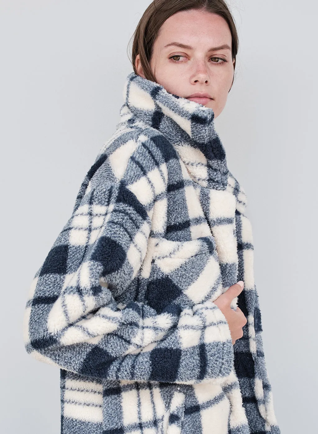 Double Faced Sherpa Jacket in Navy/Cream Plaid