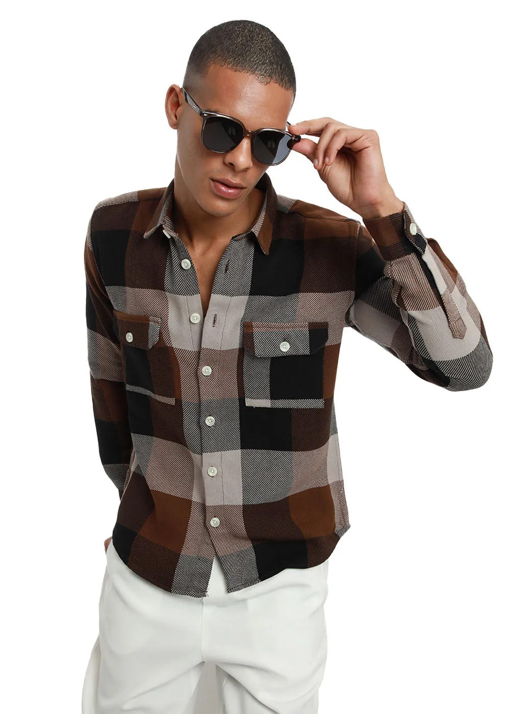 Dusky Brown Brushed Cotton Check Shirt