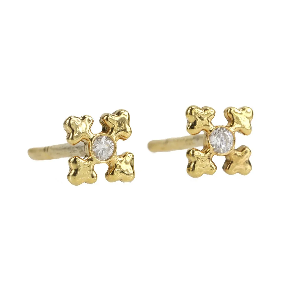 Gold Cross Studs with Bezel-Set Diamond Center