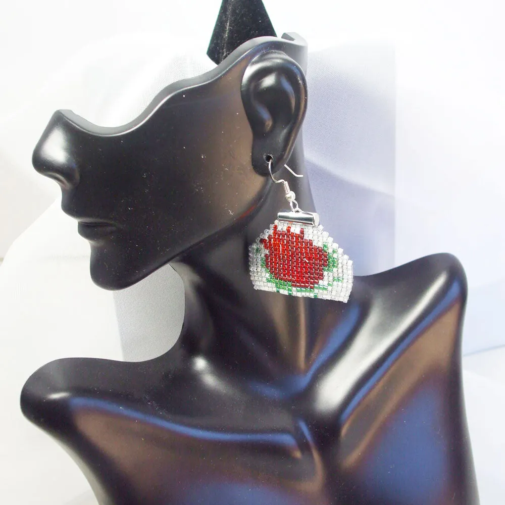 Halla, Brick Stitch, Red Rose, Beaded Earrings