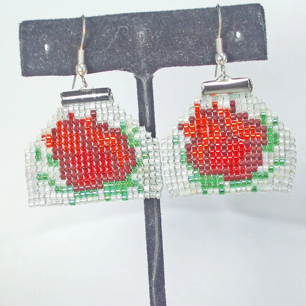 Halla, Brick Stitch, Red Rose, Beaded Earrings