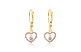 Heart Purple Crystal Yellow Gold Plating Girls Leverback Earring