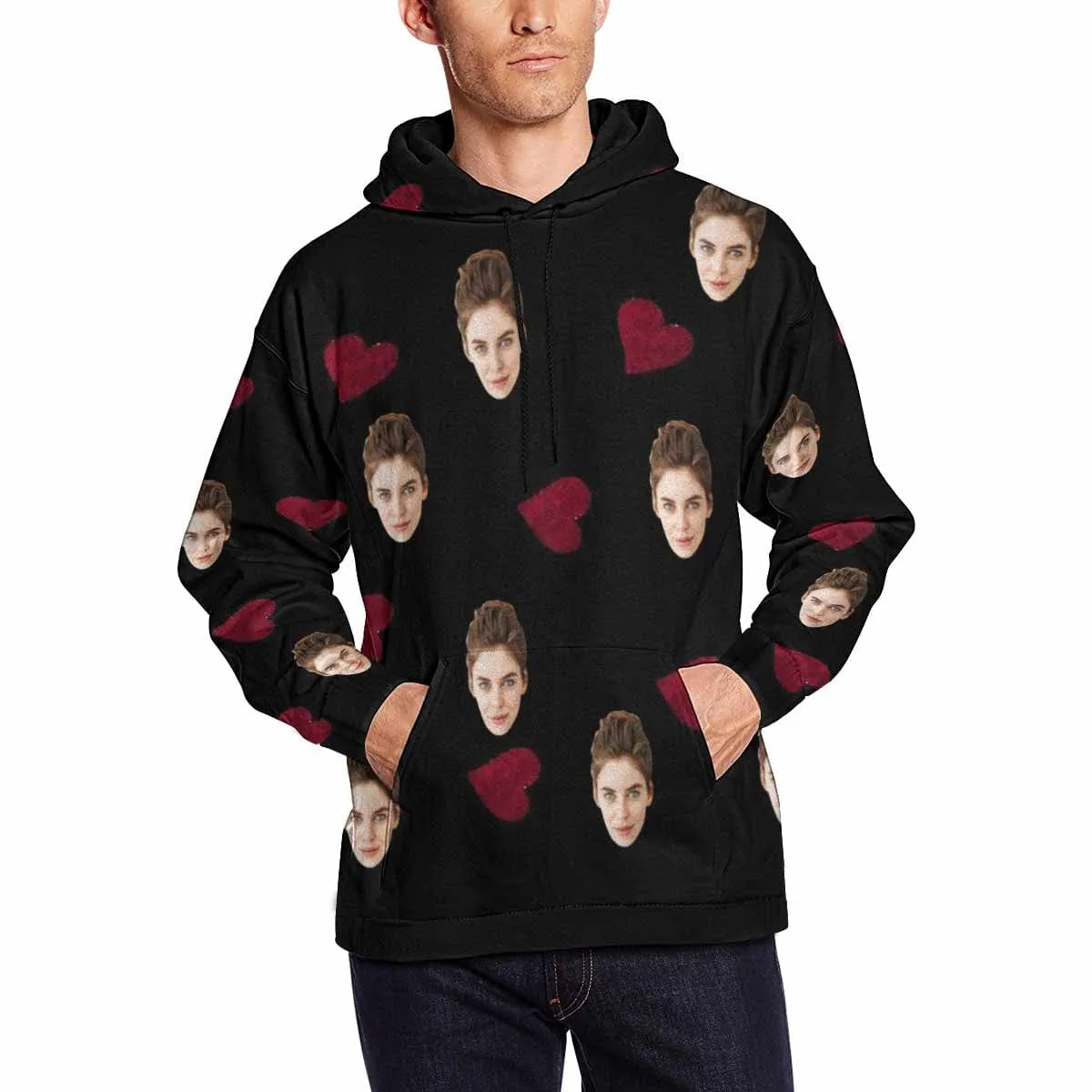 [High Quality] Custom Face Red Heart Cool Hoodie Designs Personalized Face Unisex Loose Hoodie Custom Hooded Pullover Top Plus Size for Him Her