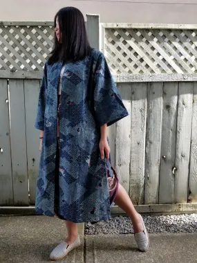 Indigo Bunny Waves Long Monk Kimono